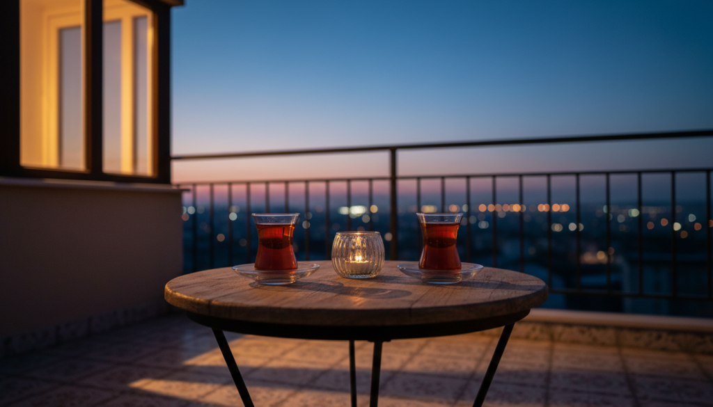 Alacakaranlıkta sıcak ışıklı bir balkon masasında iki çay bardağı.